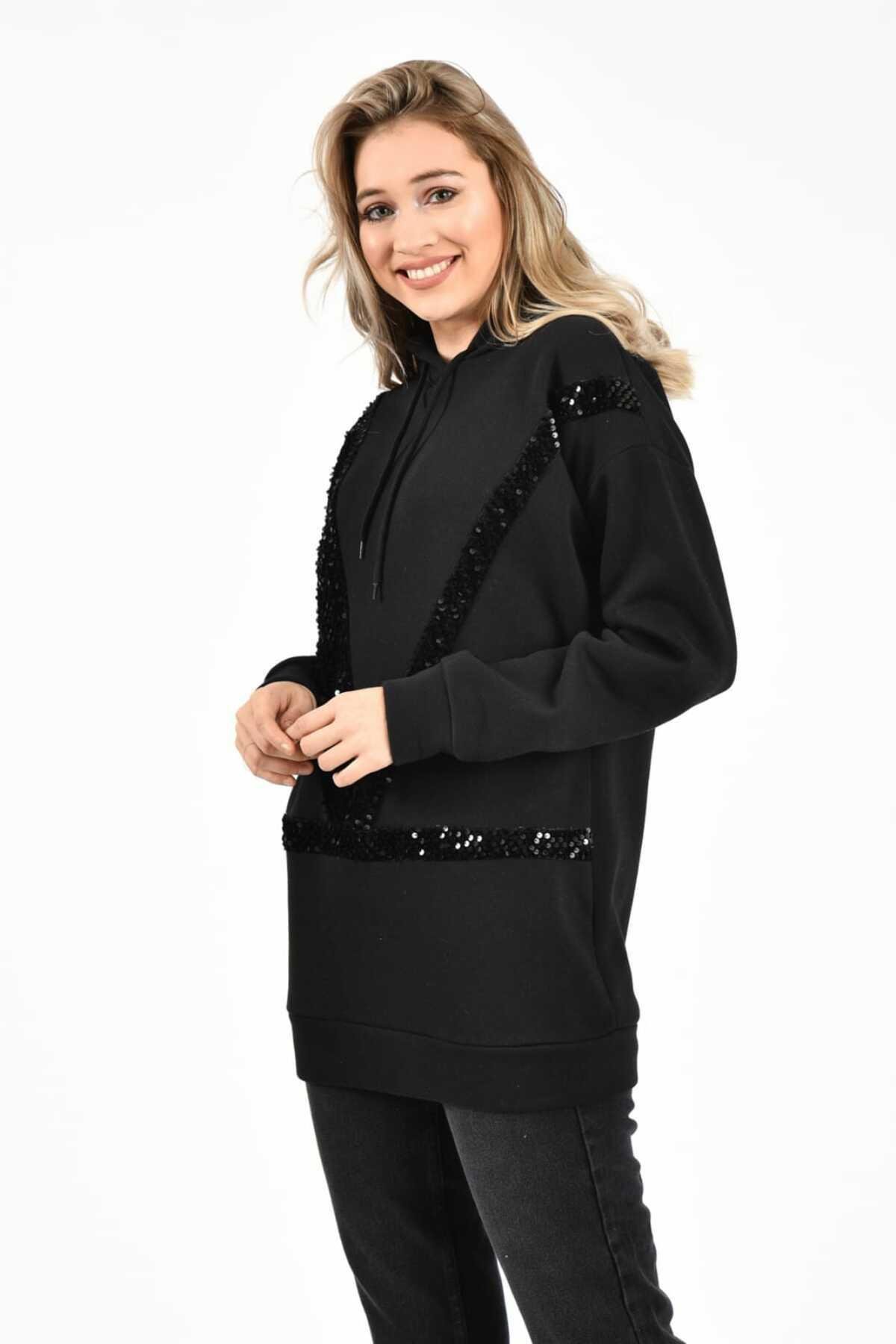 Toptan Siyah Kapüşonlu ve Siyah Pullu Sweatshirt