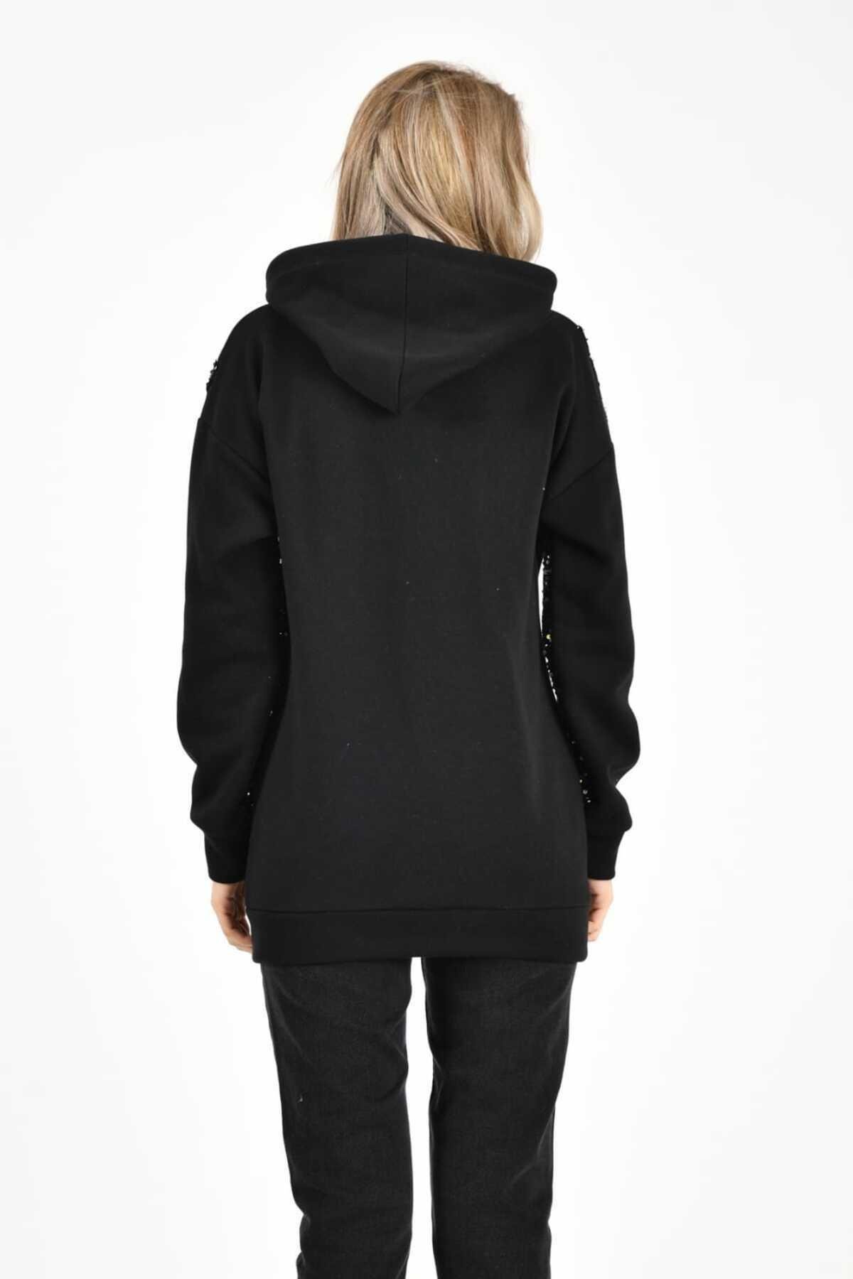 Toptan Siyah Kapüşonlu ve Siyah Pullu Sweatshirt