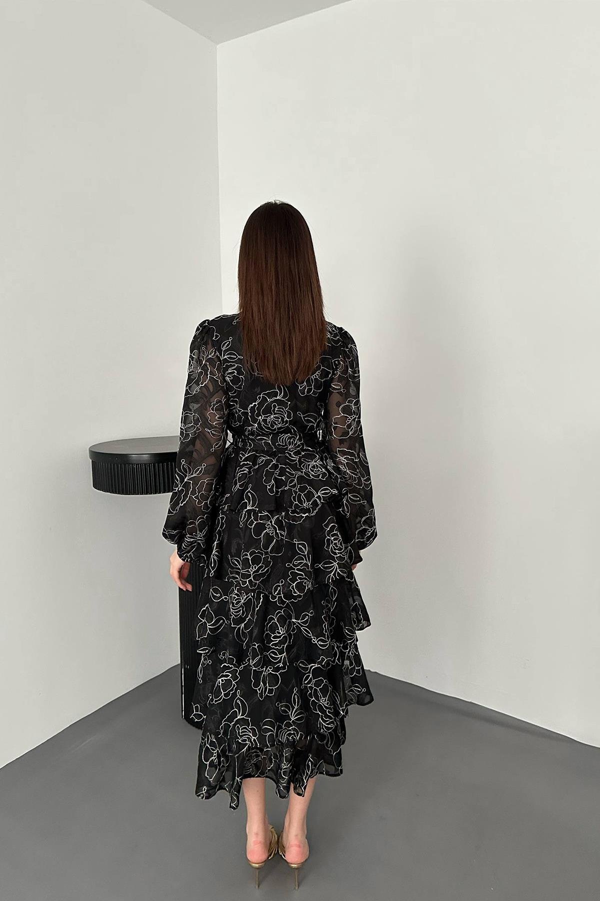 Toptan SİYAH Kat Kat Jakarlı Elbise