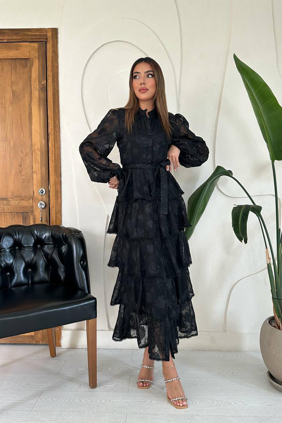 Toptan Siyah Kat Kat Volanlı Elbise