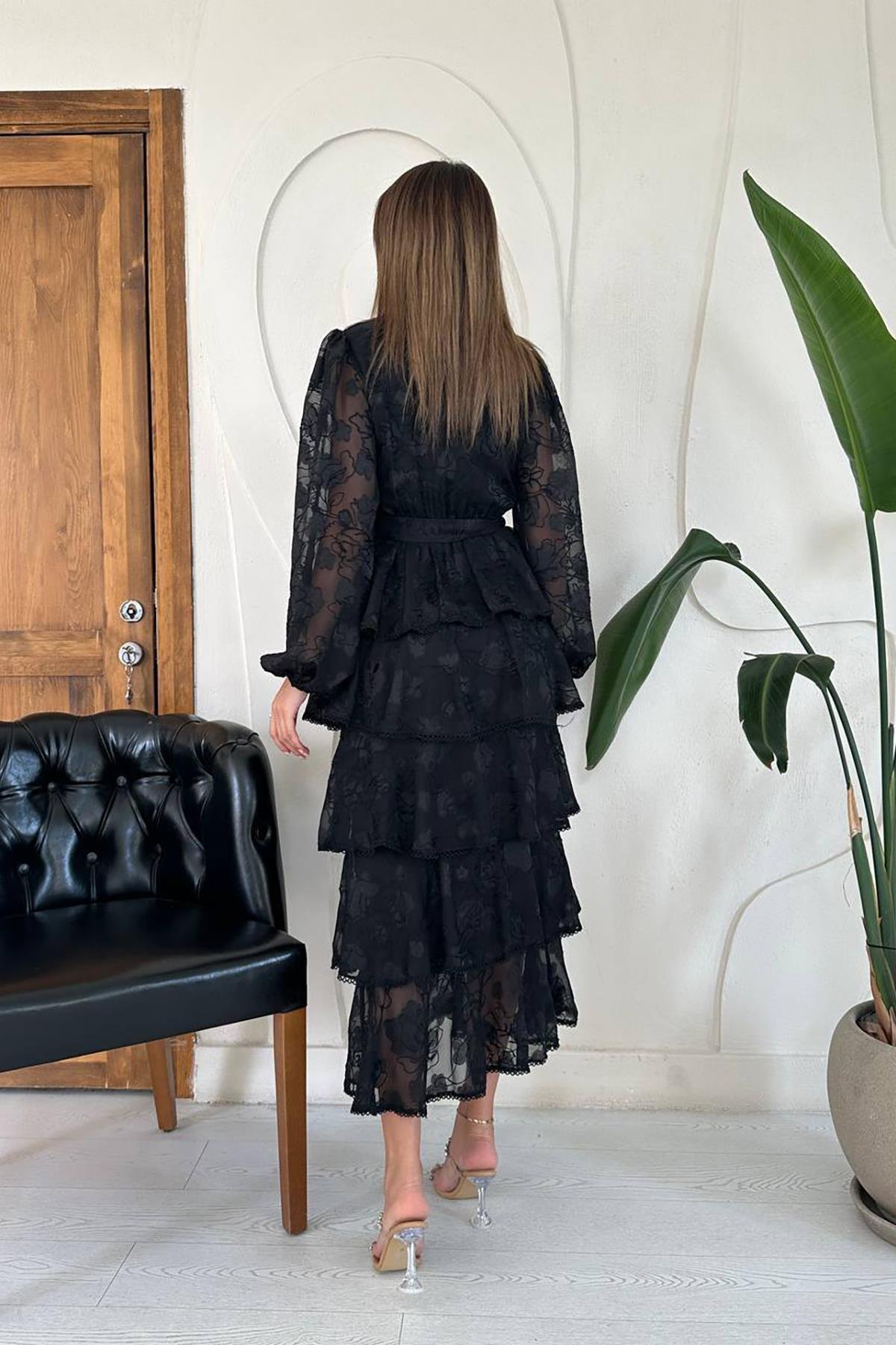 Toptan Siyah Kat Kat Volanlı Elbise