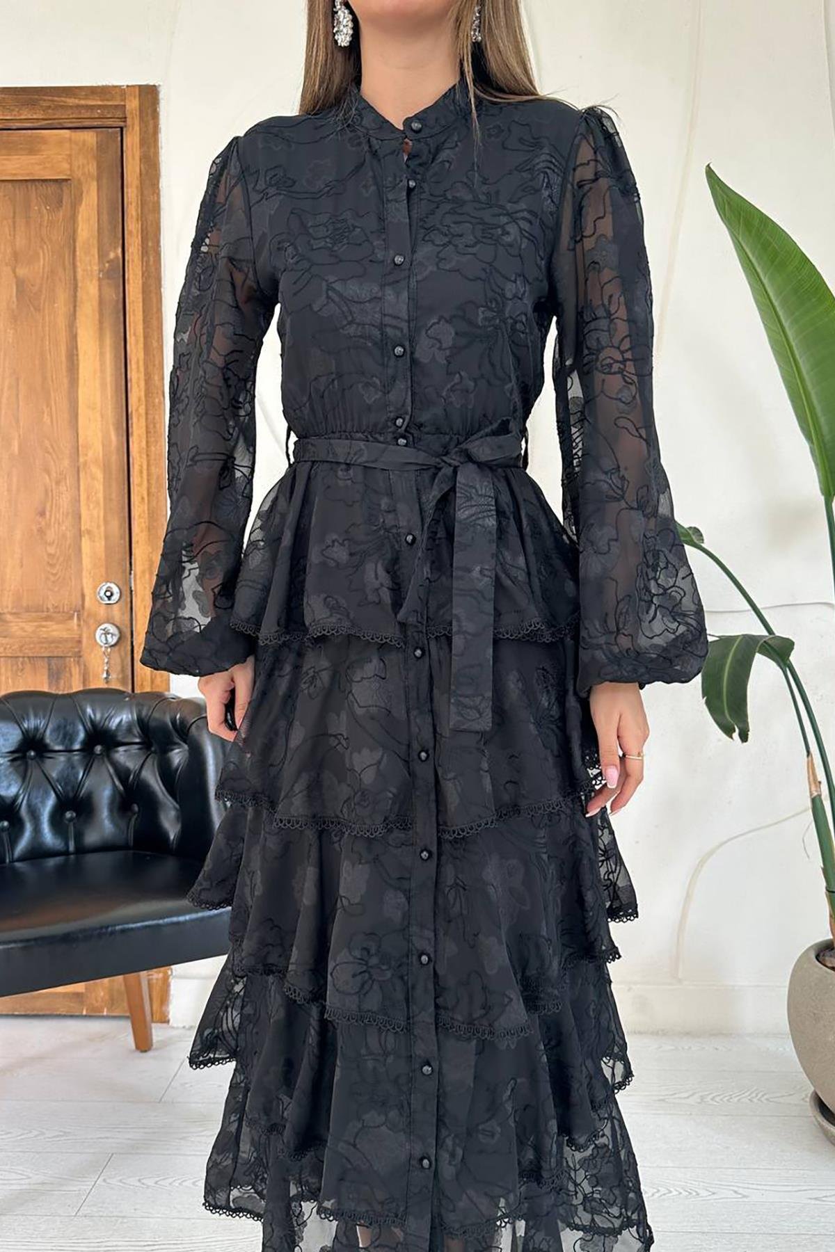 Toptan Siyah Kat Kat Volanlı Elbise