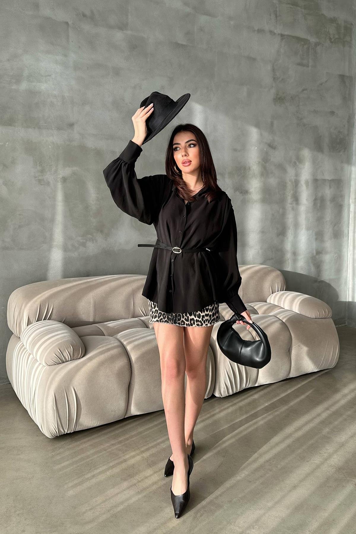 Toptan Siyah Kemer Detaylı Modal Gömlek