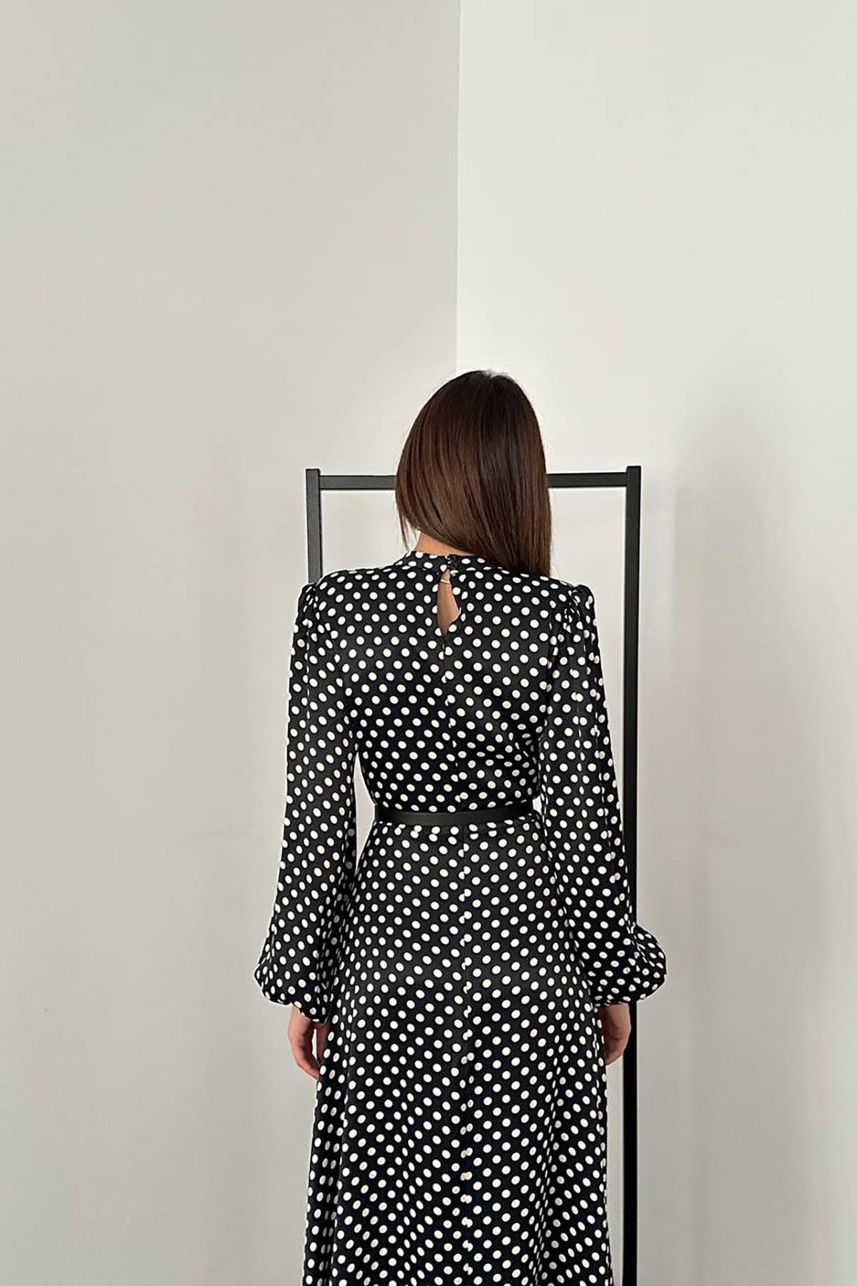 Toptan Siyah Kemer Detaylı Puantiyeli Elbise