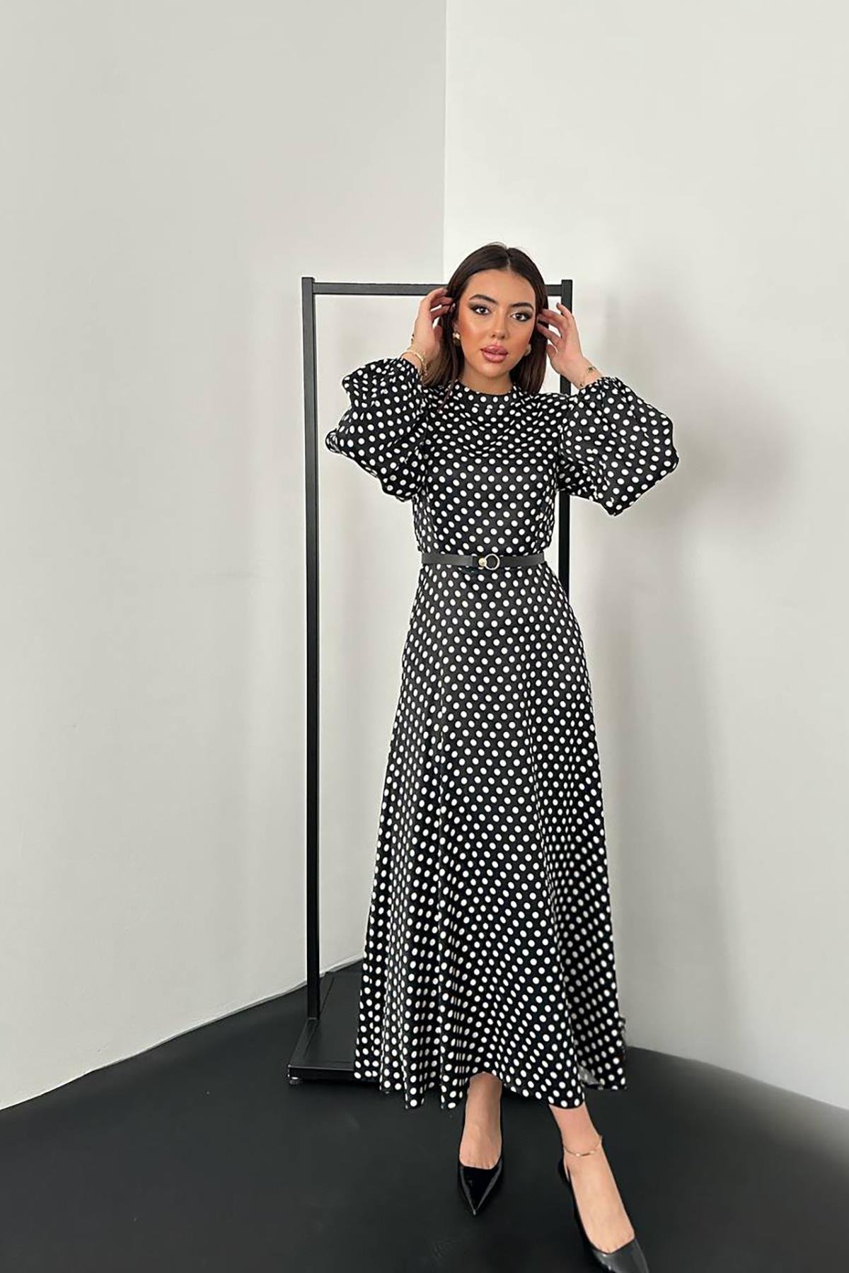 Toptan Siyah Kemer Detaylı Puantiyeli Elbise