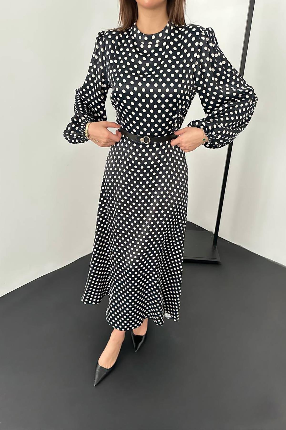 Toptan Siyah Kemer Detaylı Puantiyeli Elbise