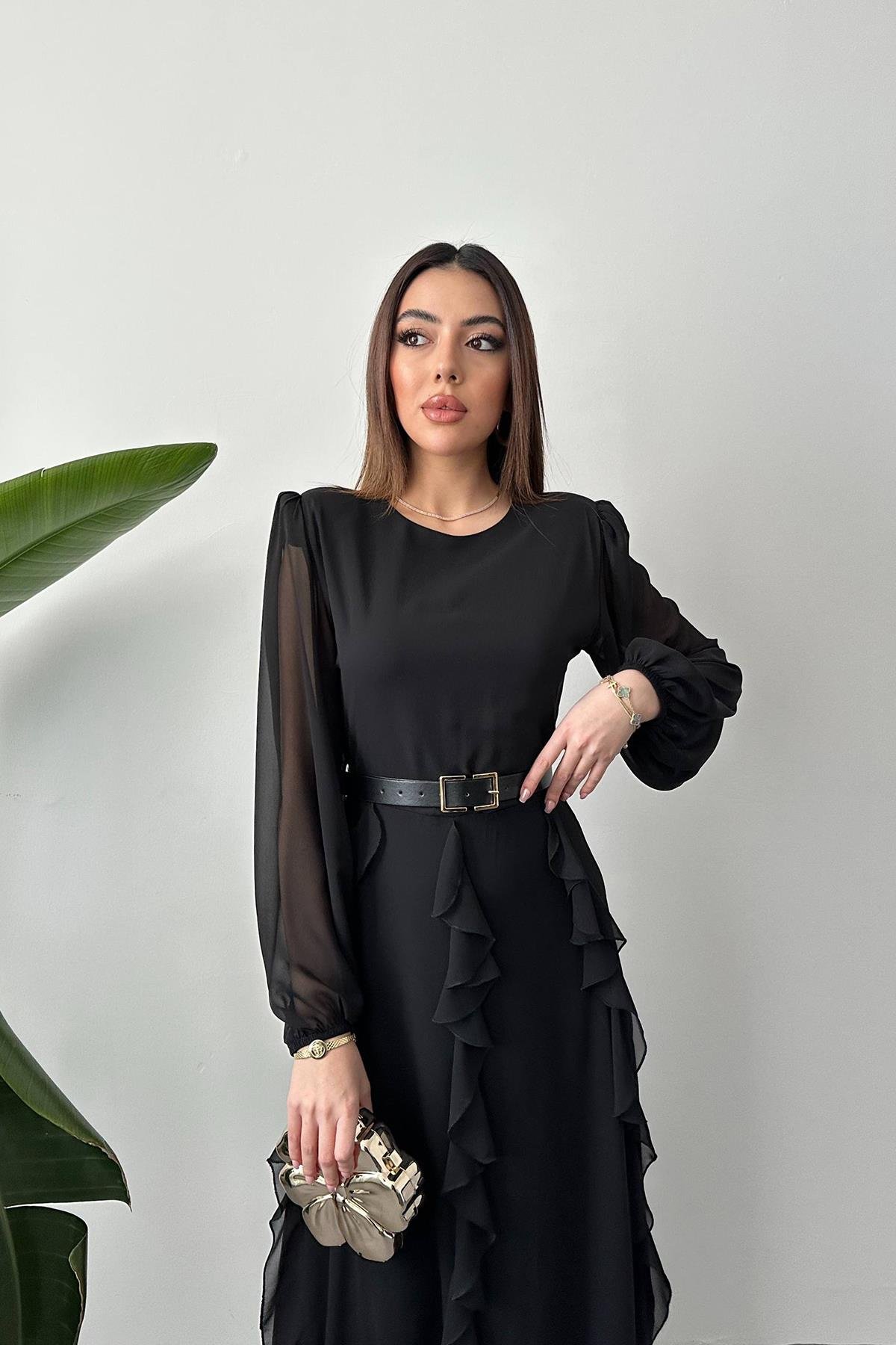 Toptan Siyah Kemerli Şifon Elbise