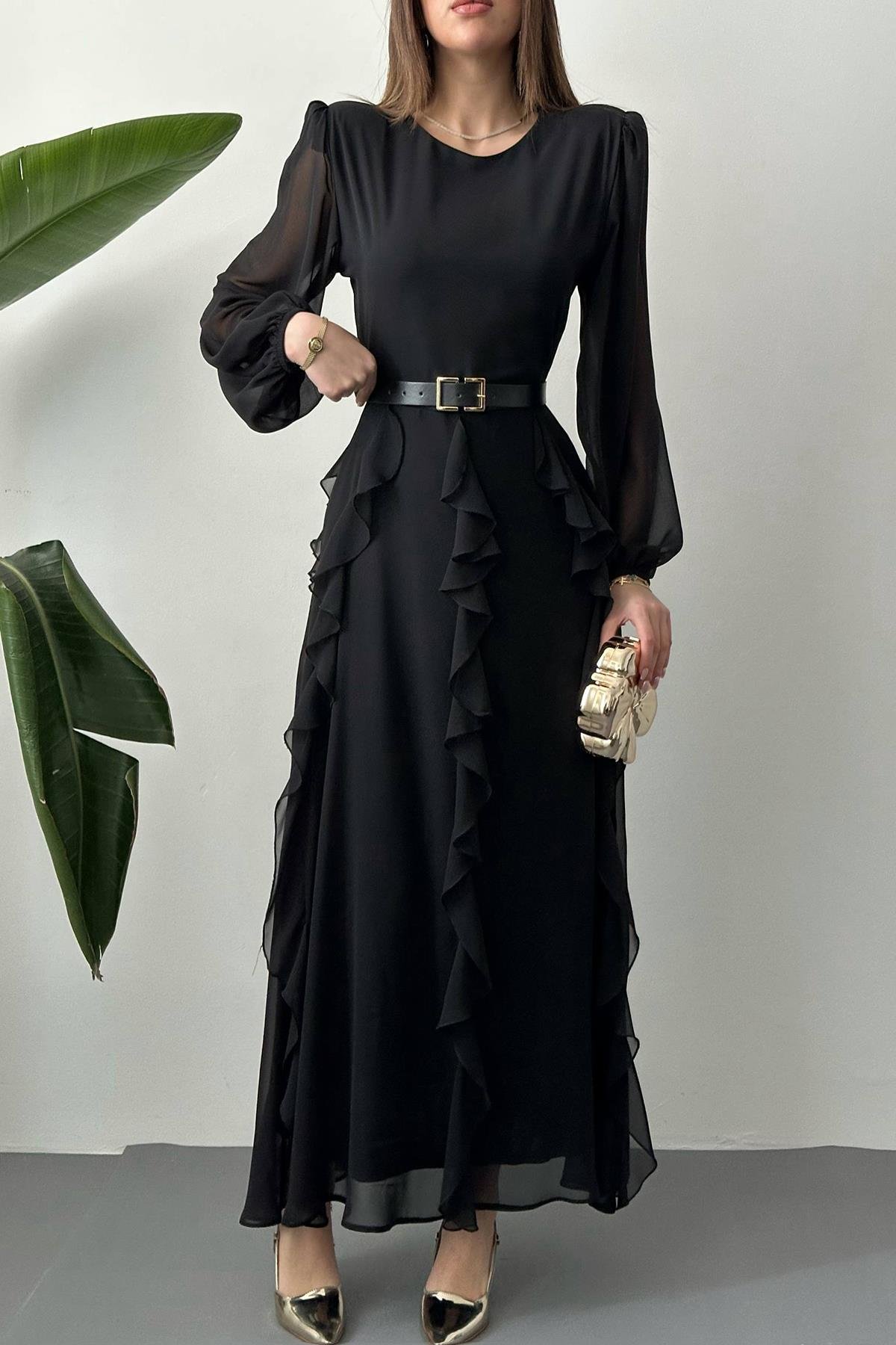 Toptan Siyah Kemerli Şifon Elbise