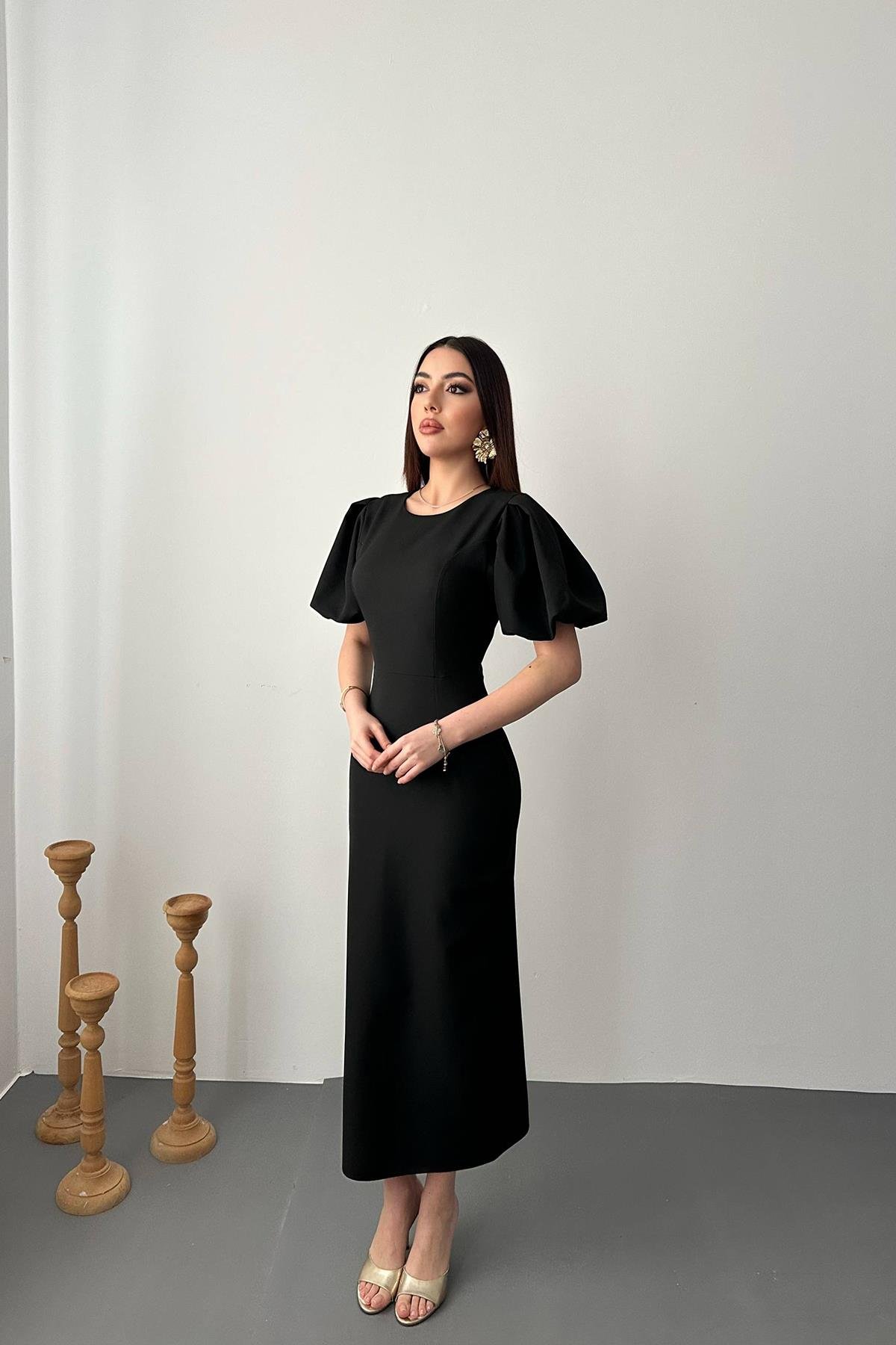 Toptan SİYAH Kolları Balon Elbise