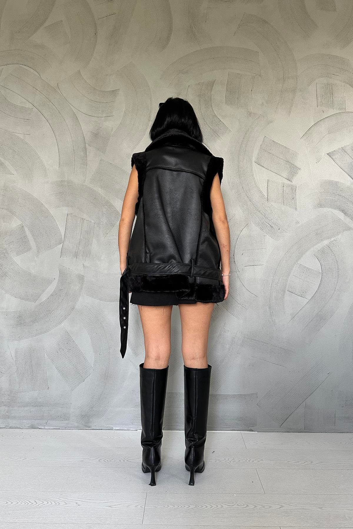 Toptan Siyah Kürklü Yelek