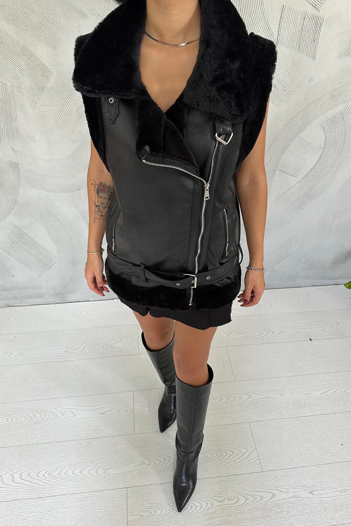 Toptan Siyah Kürklü Yelek