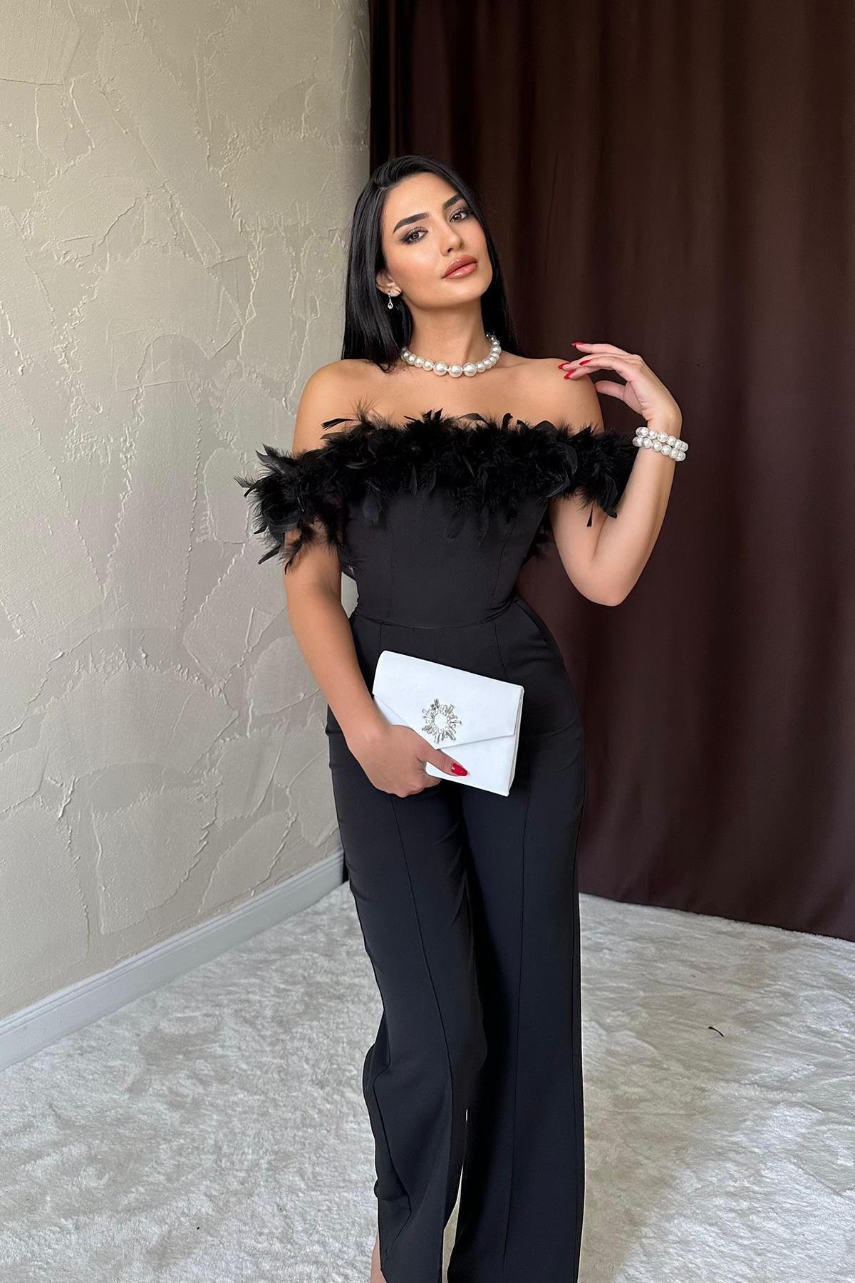 Toptan Siyah Madonna Yaka Tüylü Tulum