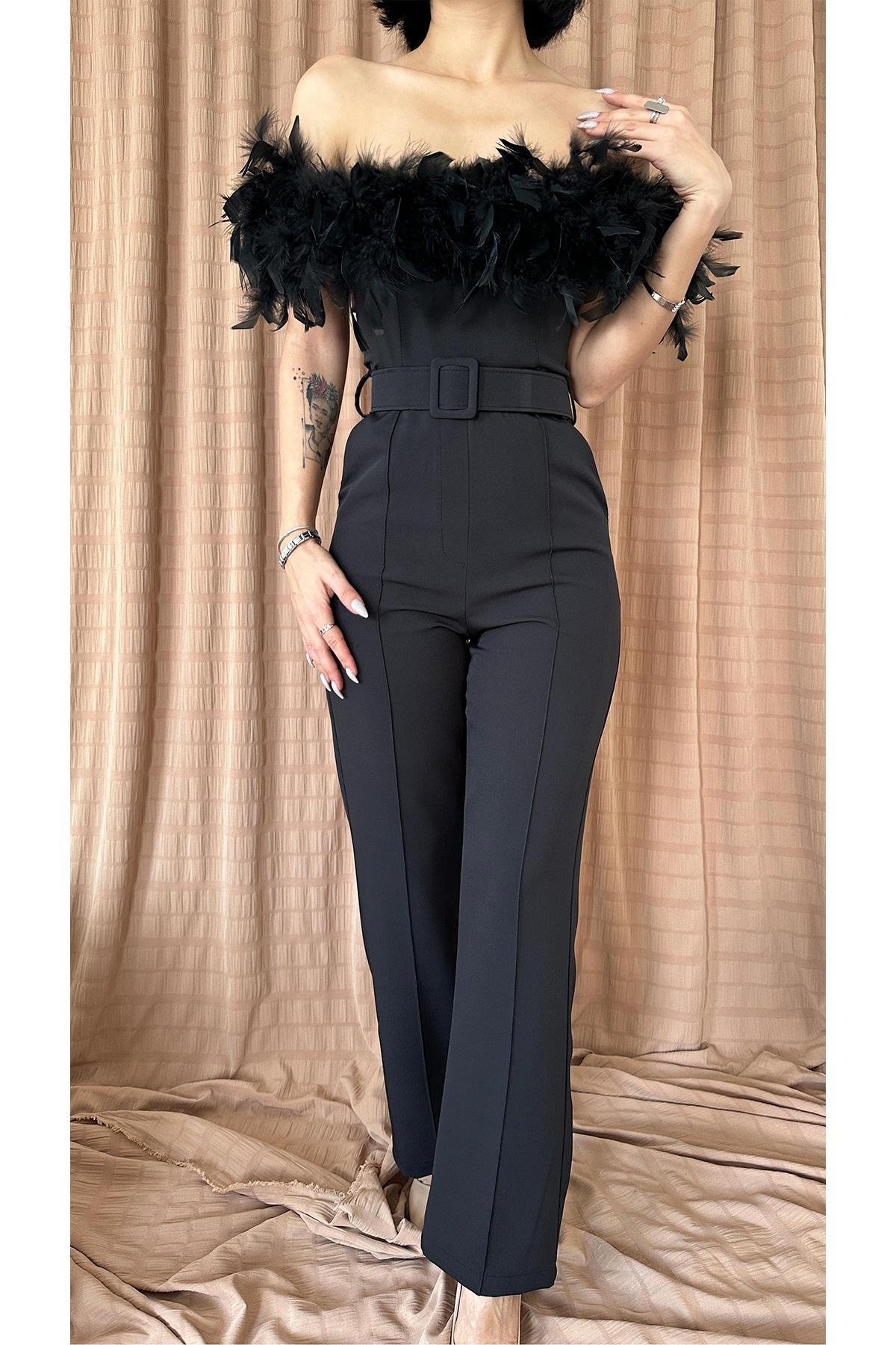 Toptan Siyah Madonna Yaka Tüylü Tulum