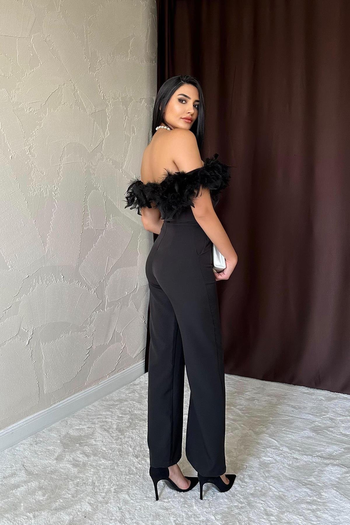 Toptan Siyah Madonna Yaka Tüylü Tulum