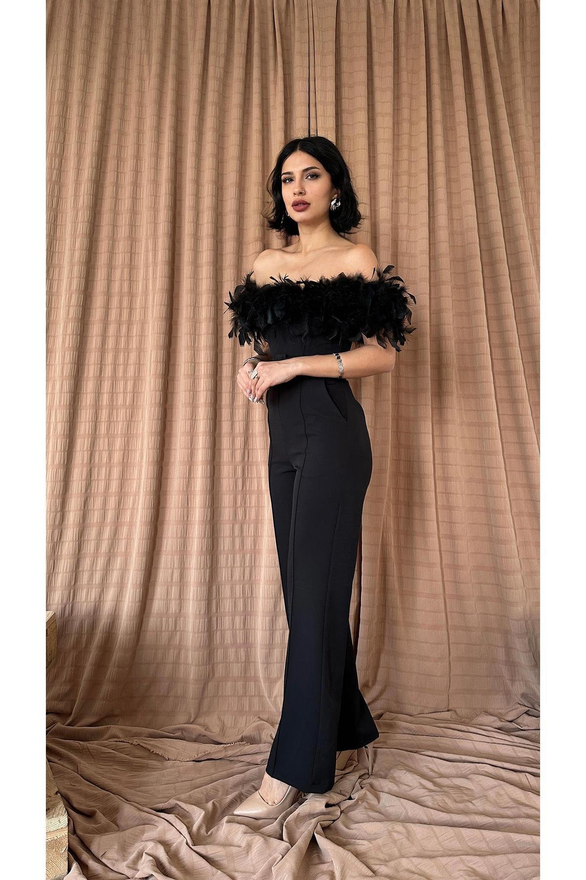 Toptan Siyah Madonna Yaka Tüylü Tulum