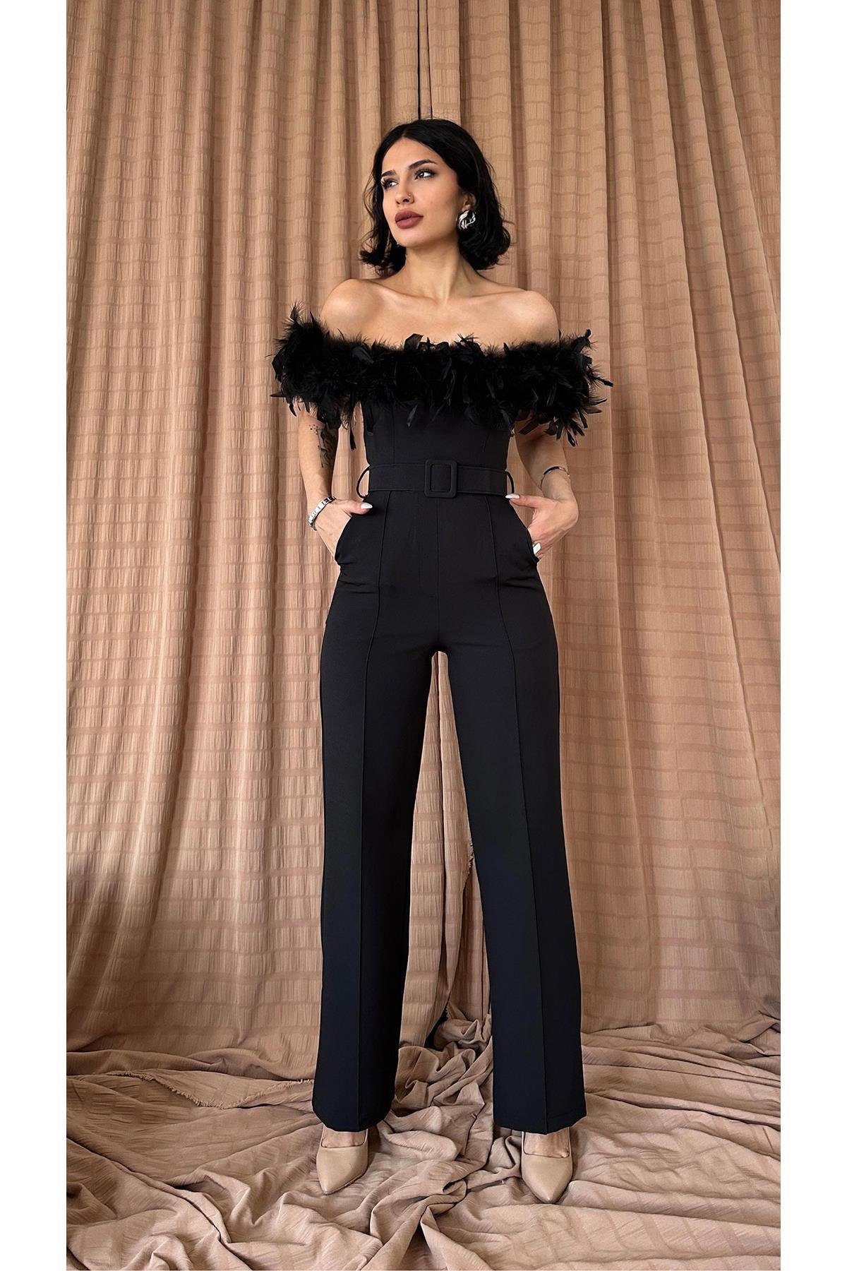 Toptan Siyah Madonna Yaka Tüylü Tulum