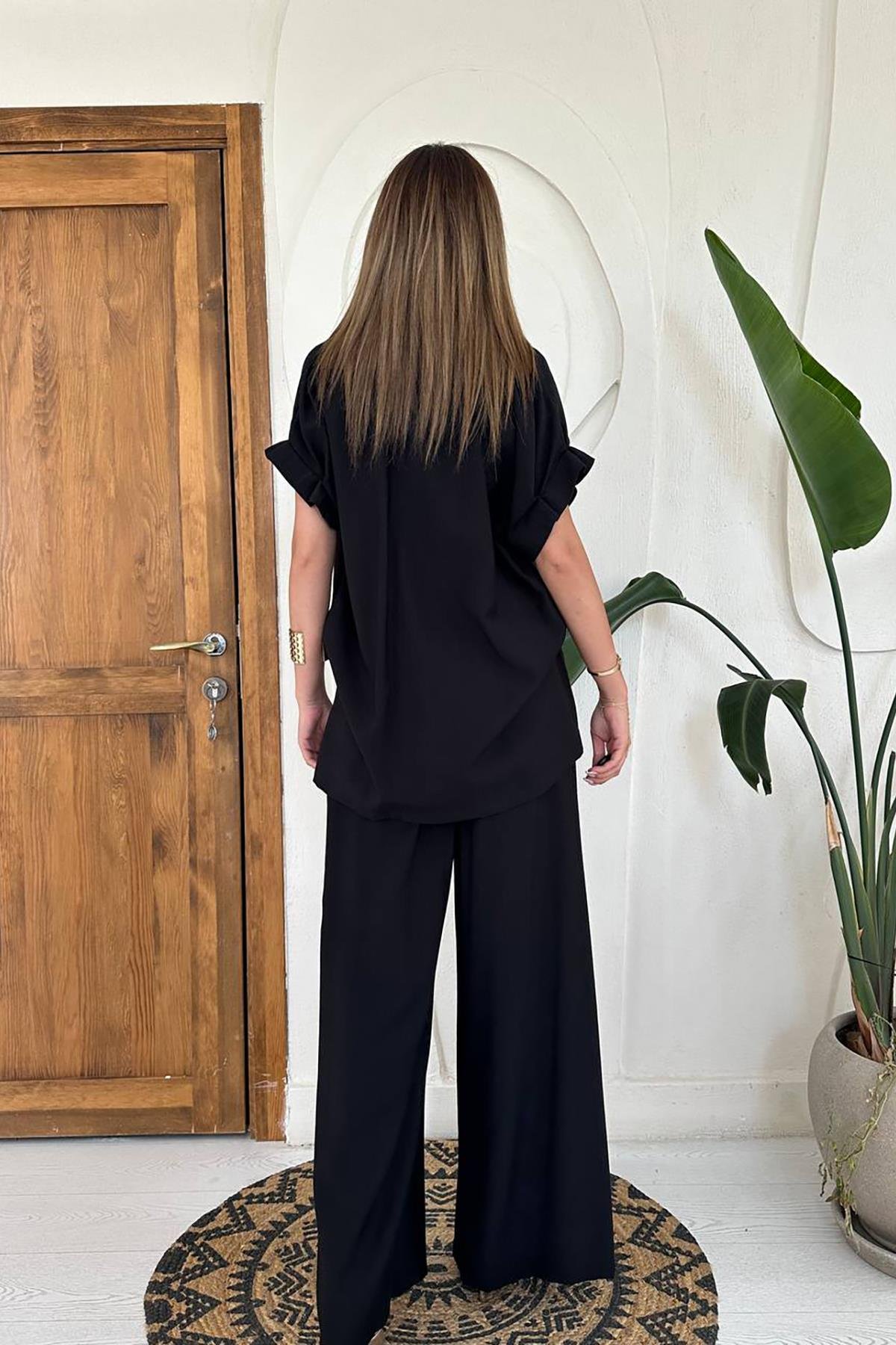 Wholesale Black Pleated Front Two-Piece Linen Suit