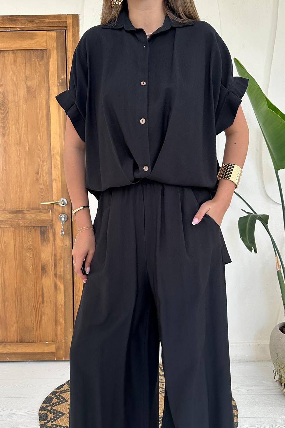 Wholesale Black Pleated Front Two-Piece Linen Suit
