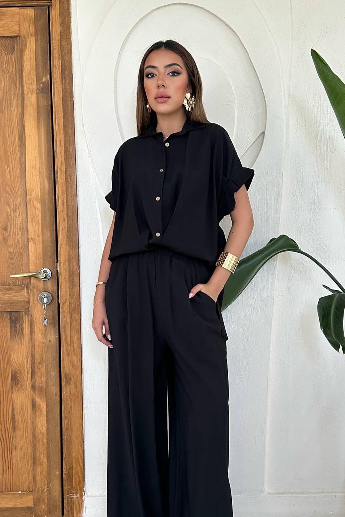 Wholesale Black Pleated Front Two-Piece Linen Suit
