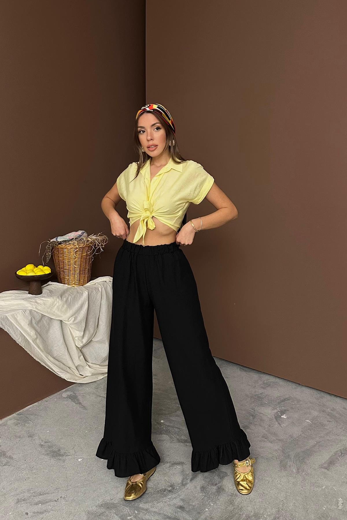 Toptan Siyah Paçası Fırfırlı Keten Pantolon