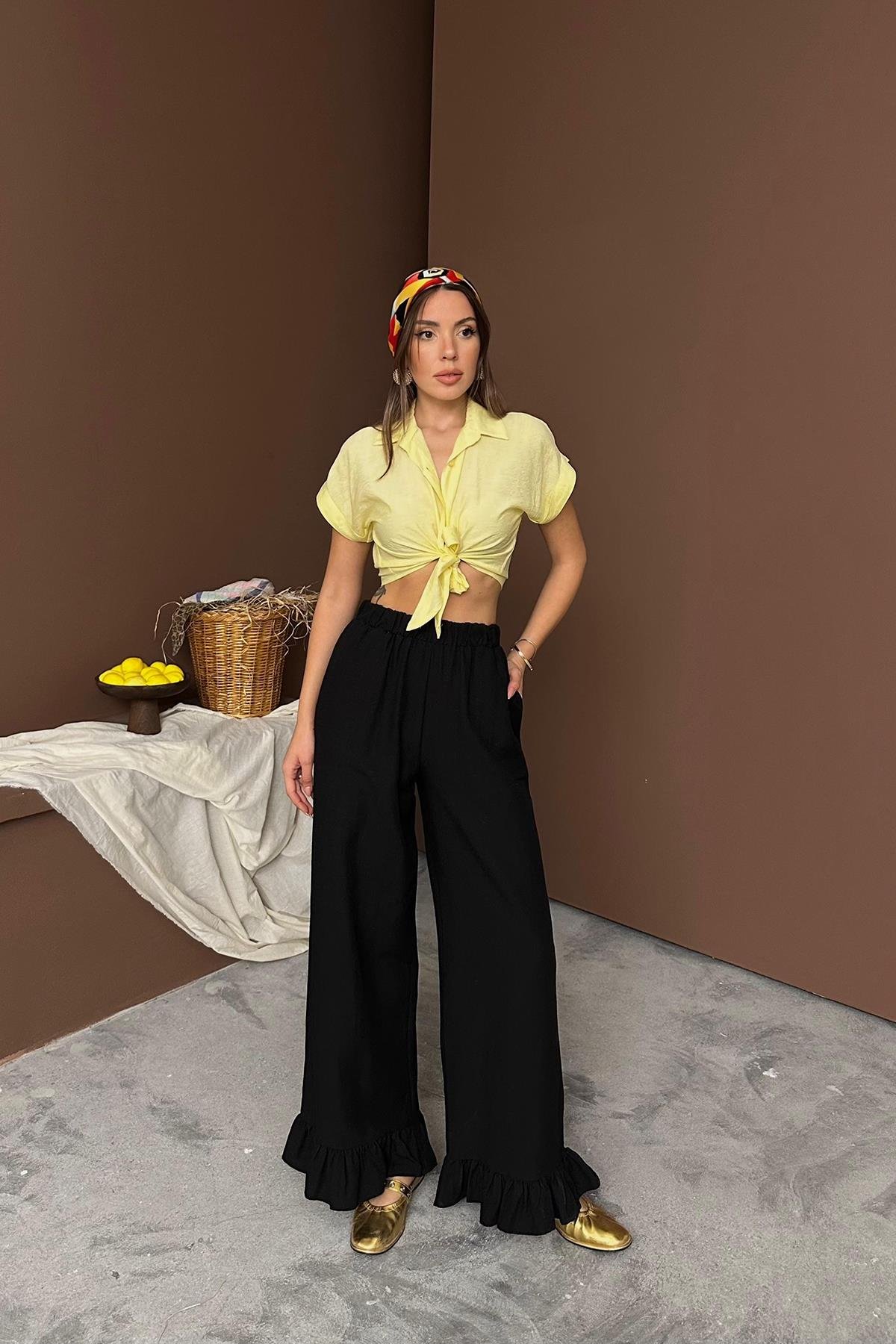 Toptan Siyah Paçası Fırfırlı Keten Pantolon