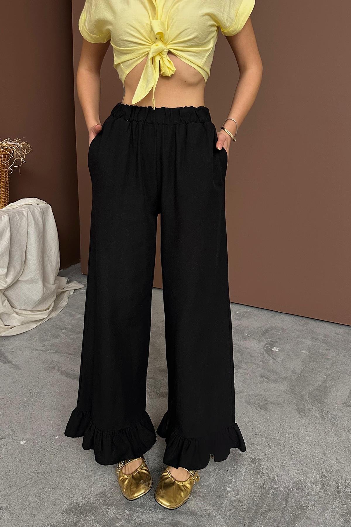 Toptan Siyah Paçası Fırfırlı Keten Pantolon