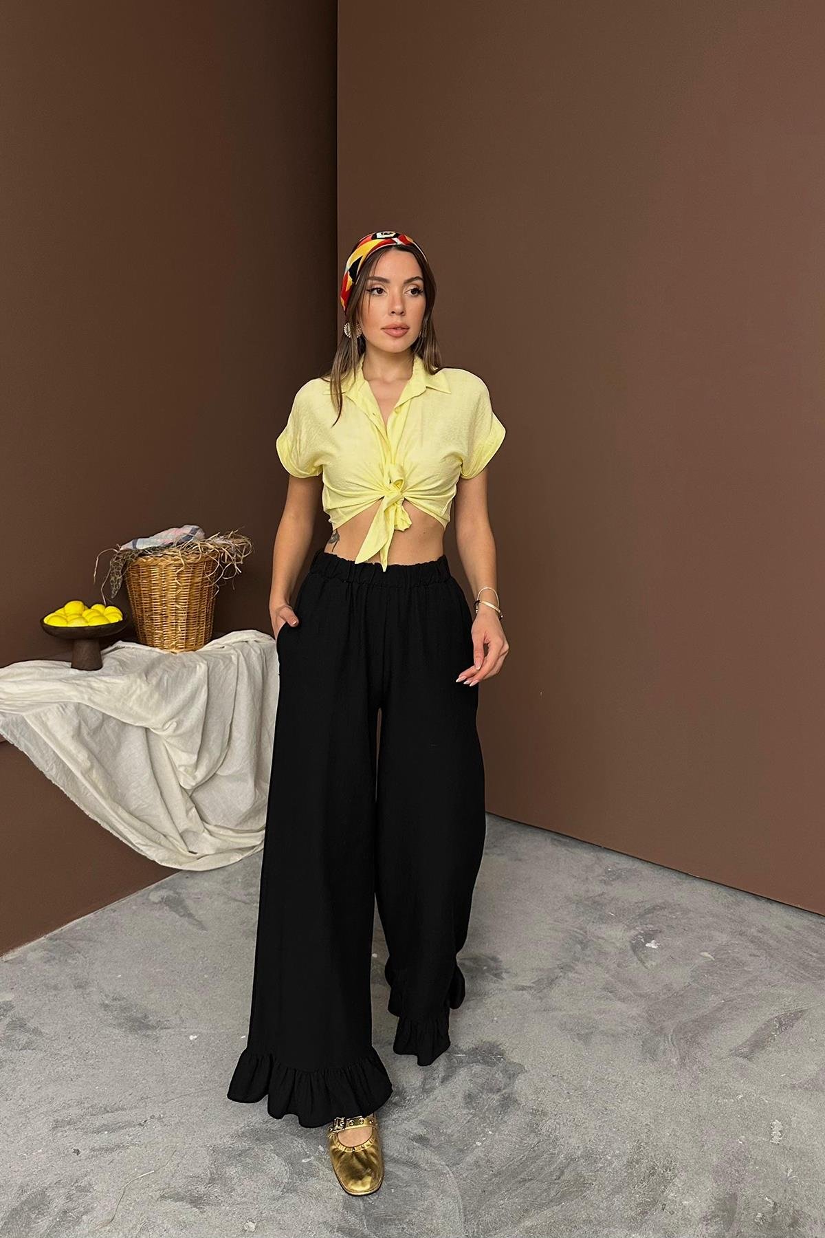 Toptan Siyah Paçası Fırfırlı Keten Pantolon