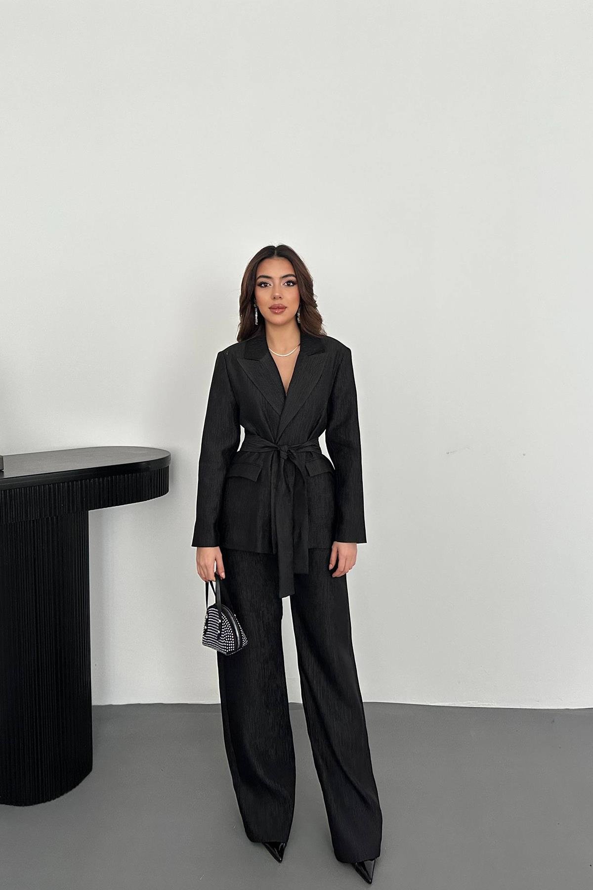 Toptan Siyah Parlak Beli Kuşaklı Takım