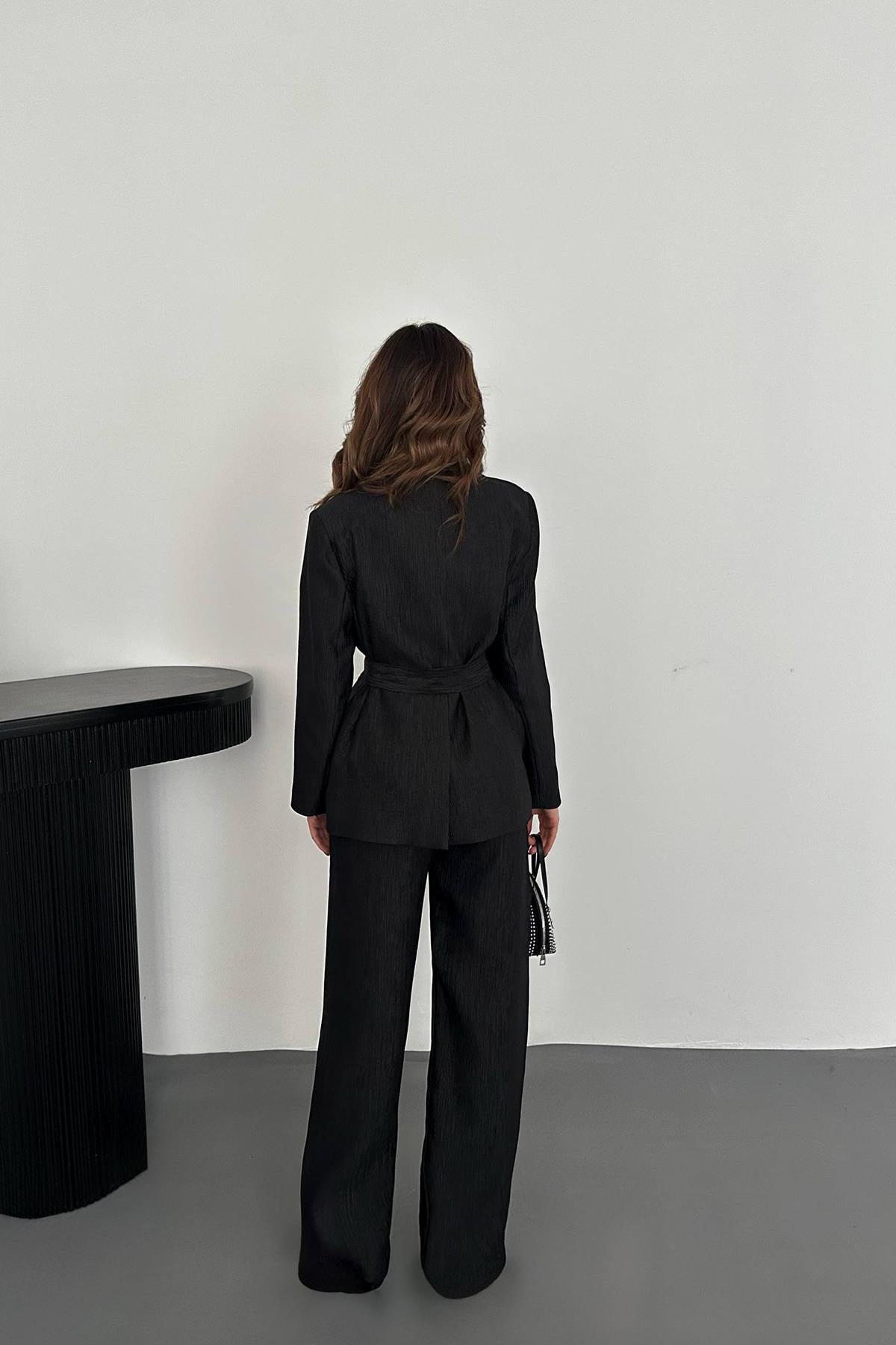 Toptan Siyah Parlak Beli Kuşaklı Takım