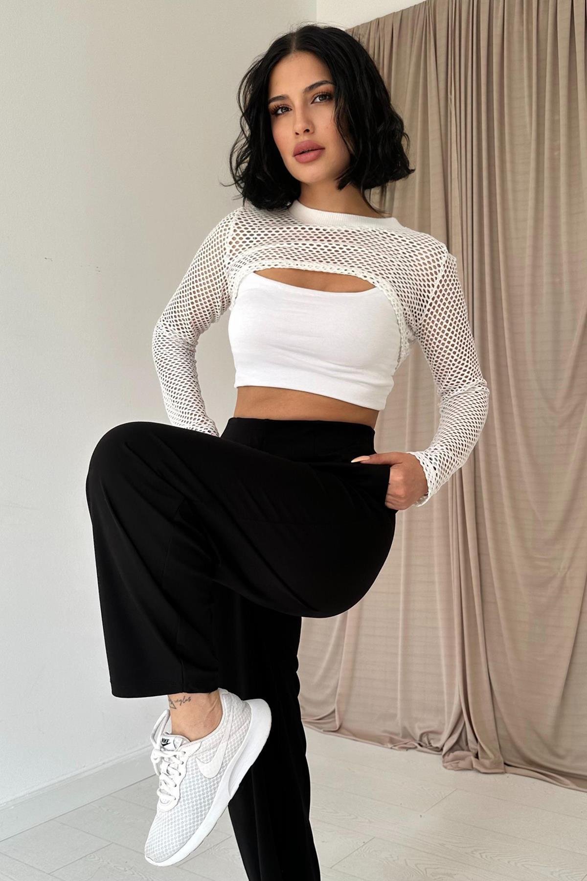 Siyah Pensli Lastik Detaylı Pantolon