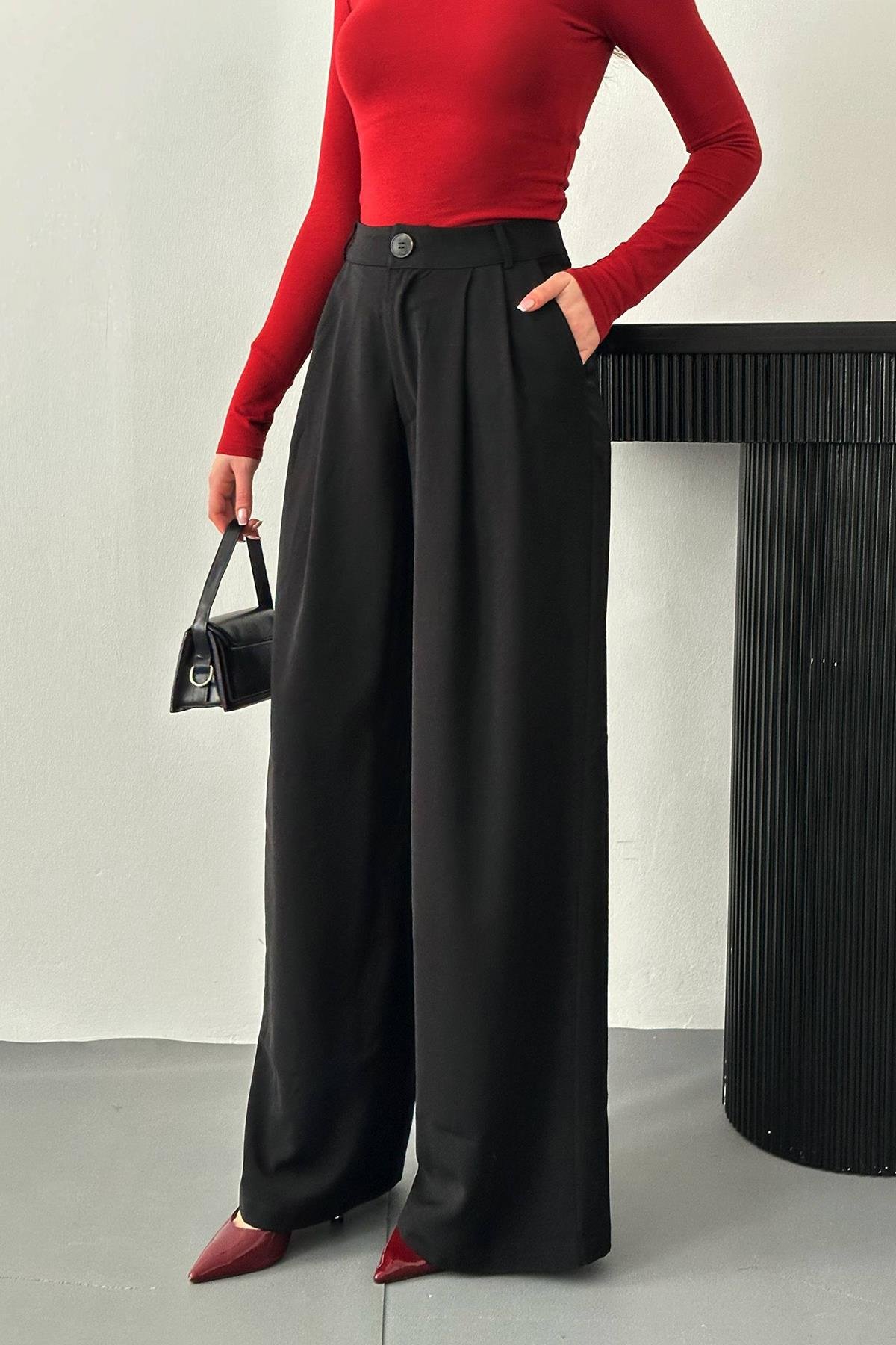 Toptan Siyah Pileli Comfort Pantolon