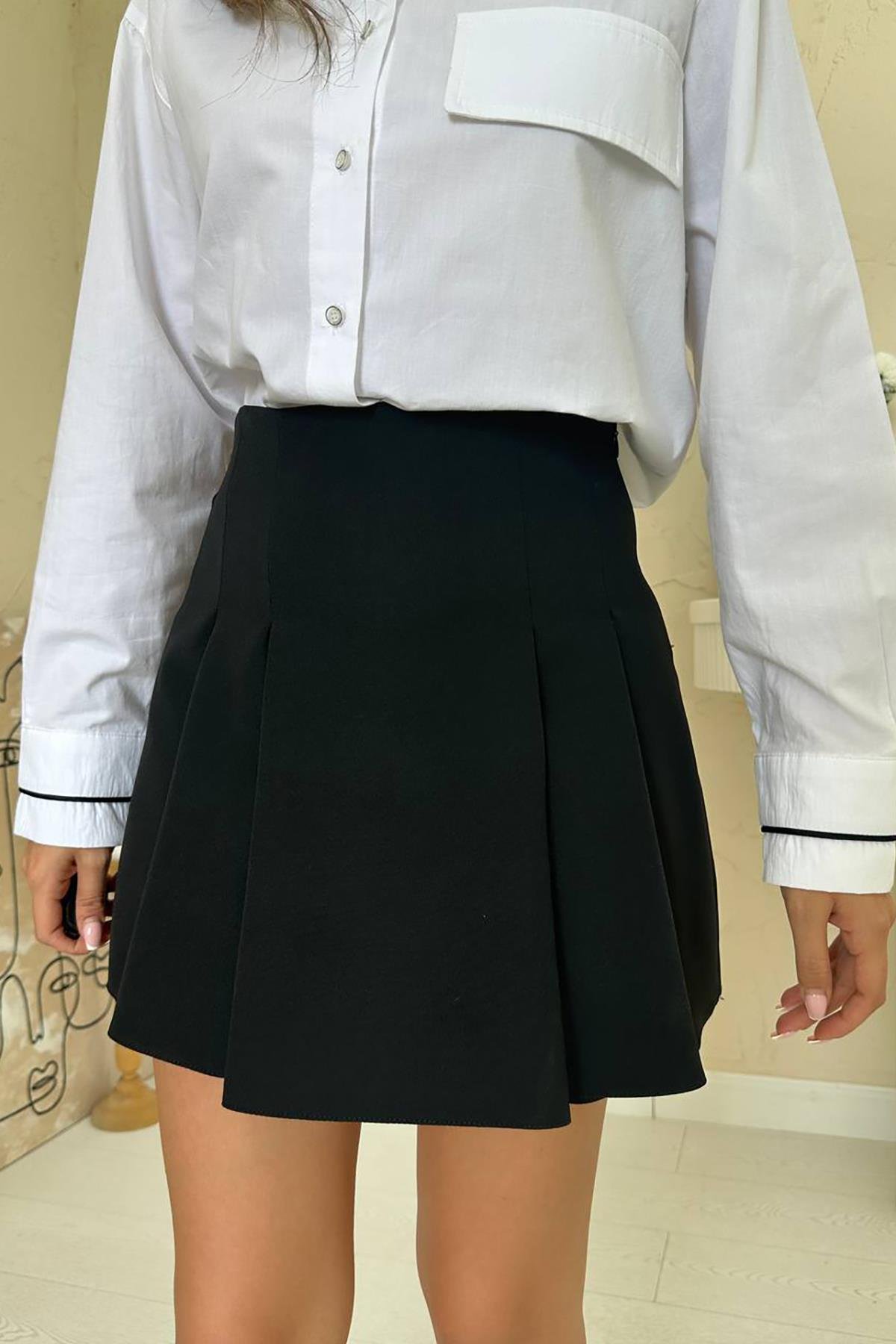 Toptan Siyah Pileli Kısa Atlas Etek