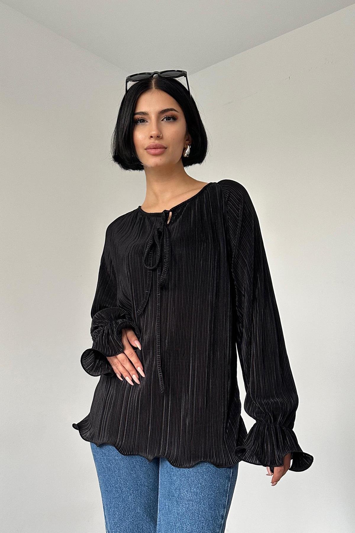 Wholesale Black Raglan Sleeve Pleated Blouse