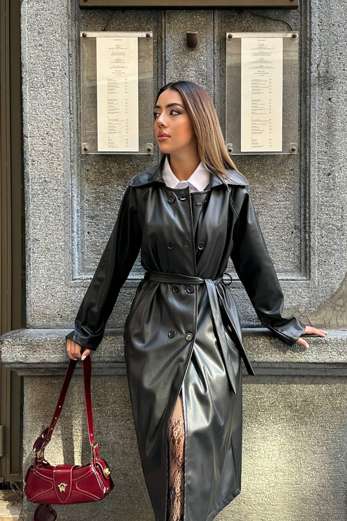 Toptan Siyah Reglan Kol Trençkot