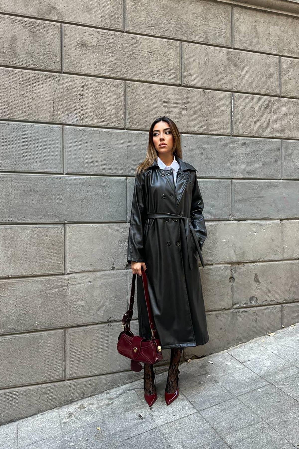 Toptan Siyah Reglan Kol Trençkot