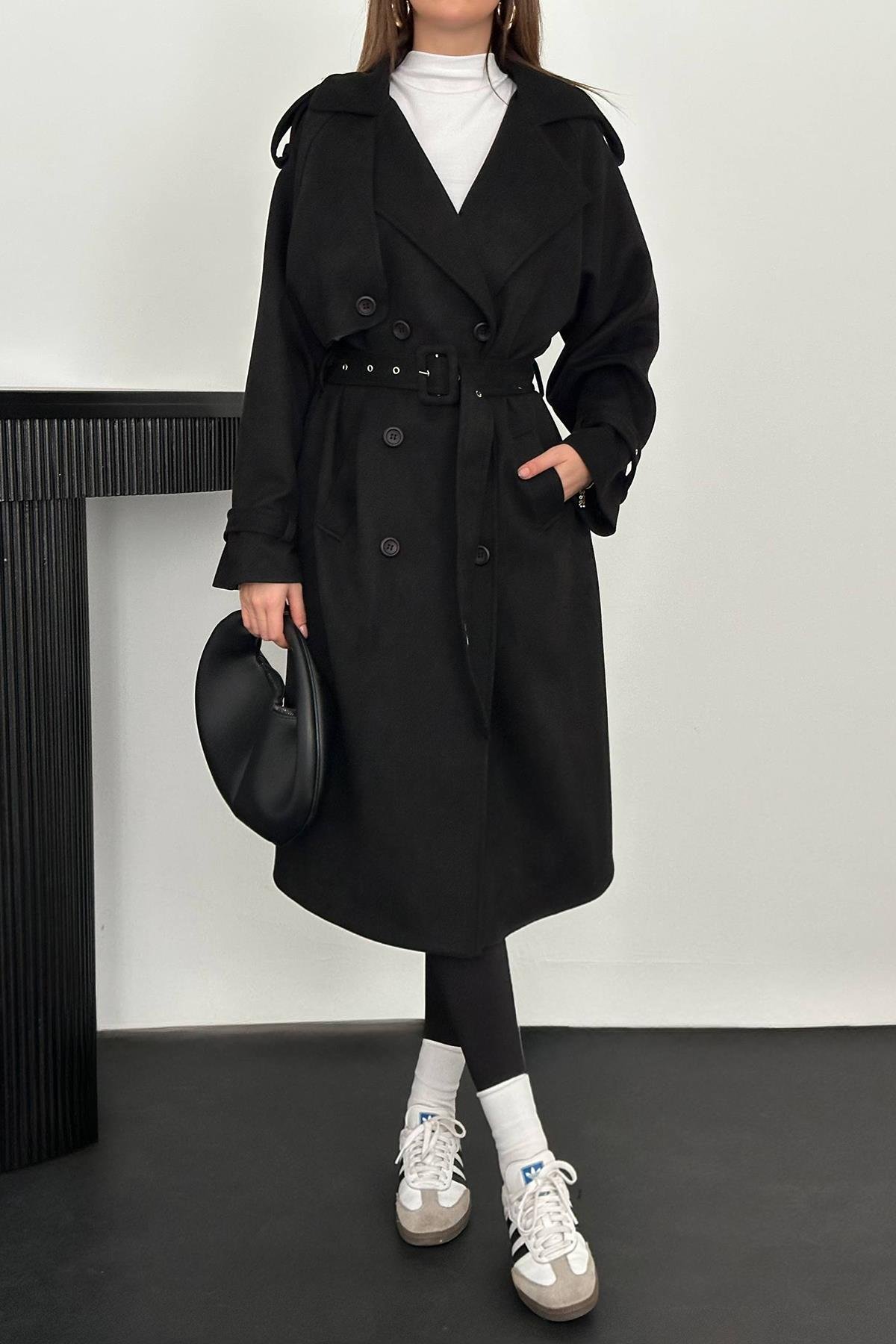 Toptan Siyah Reglan Kollu Süet Trençkot