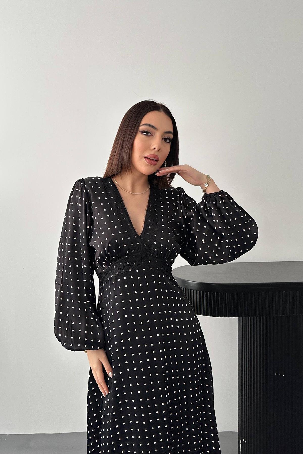 Toptan Siyah Saten Puantiyeli Dantel Detaylı Elbise