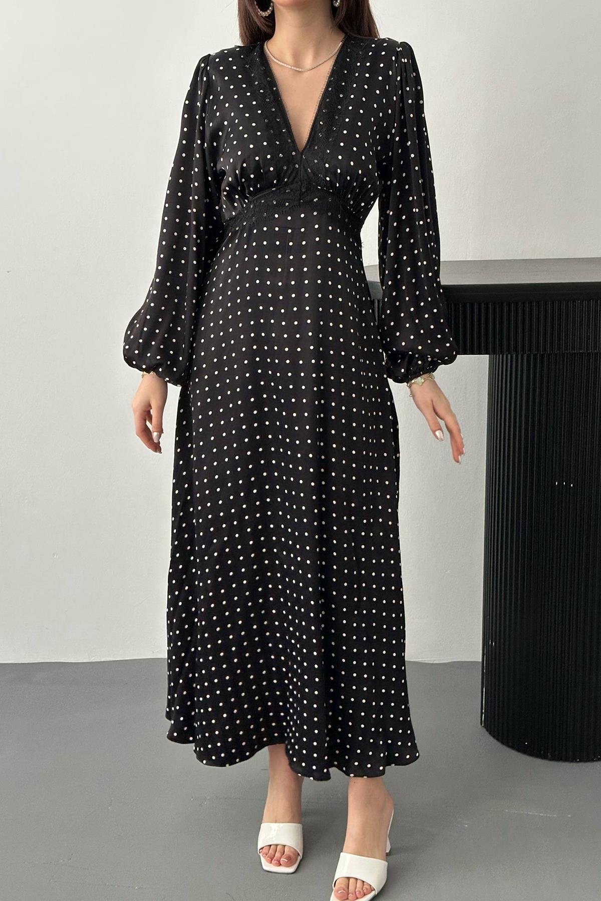 Toptan Siyah Saten Puantiyeli Dantel Detaylı Elbise