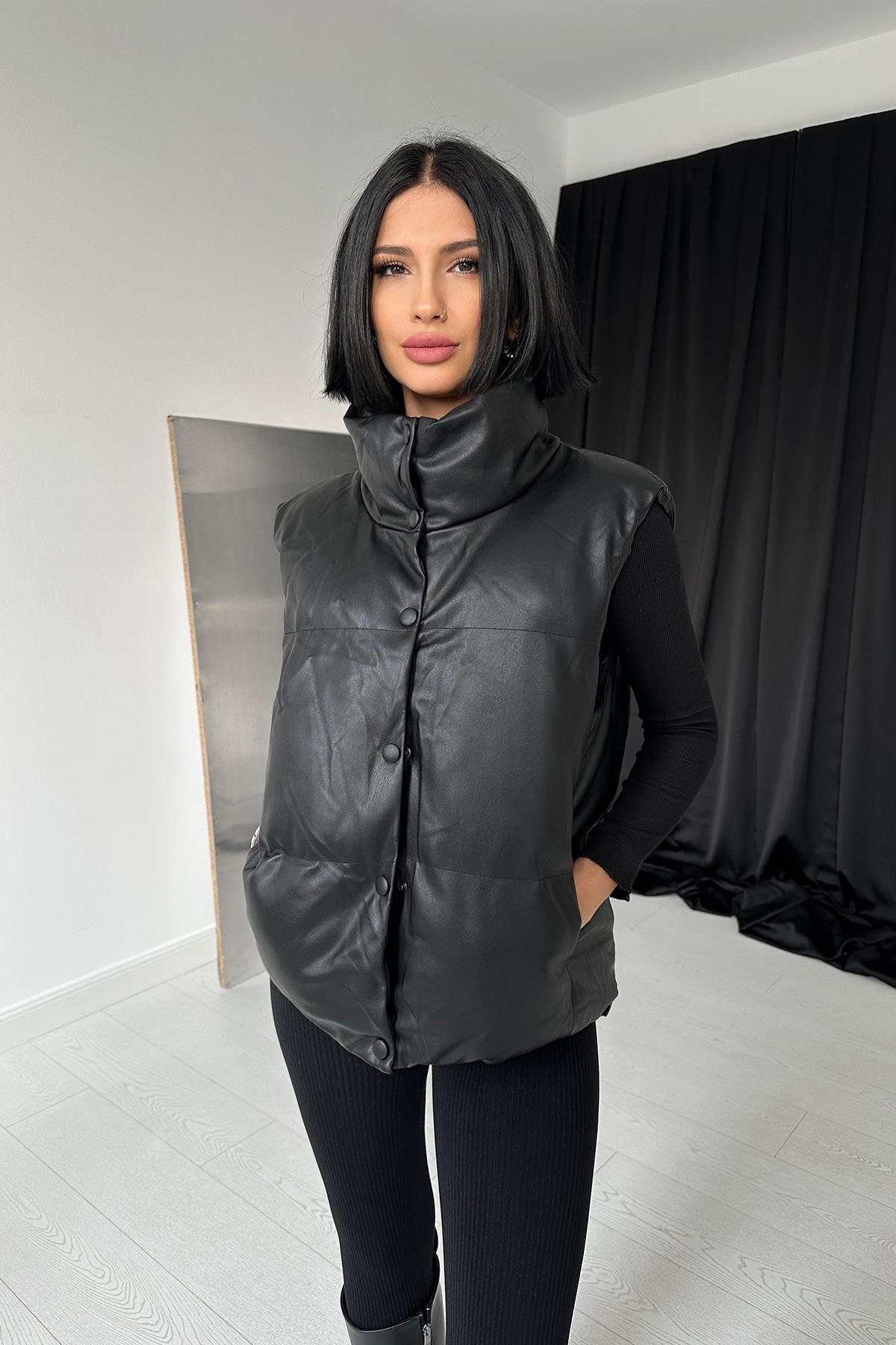 Toptan Siyah Şişme Deri Yelek