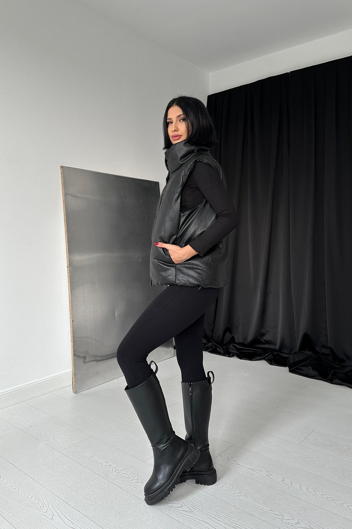 Toptan Siyah Şişme Deri Yelek