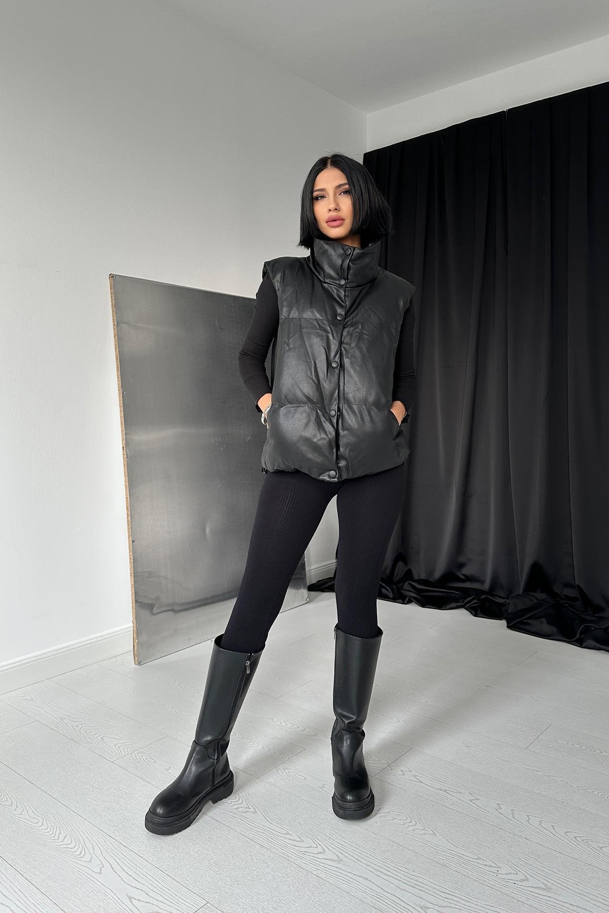 Toptan Siyah Şişme Deri Yelek