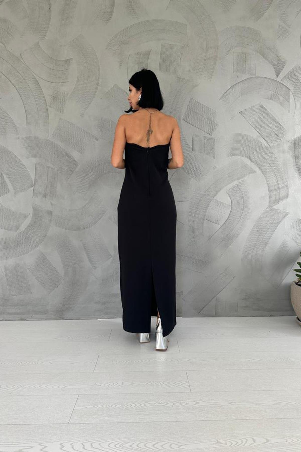 Toptan Siyah Straplez Atlas Elbise