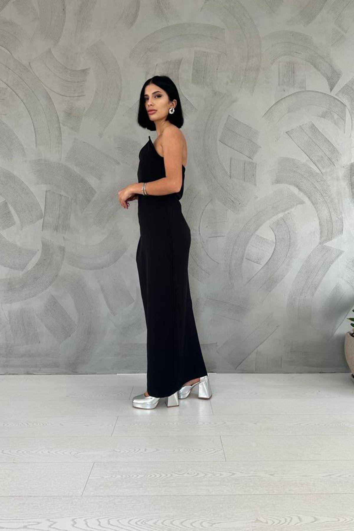 Toptan Siyah Straplez Atlas Elbise