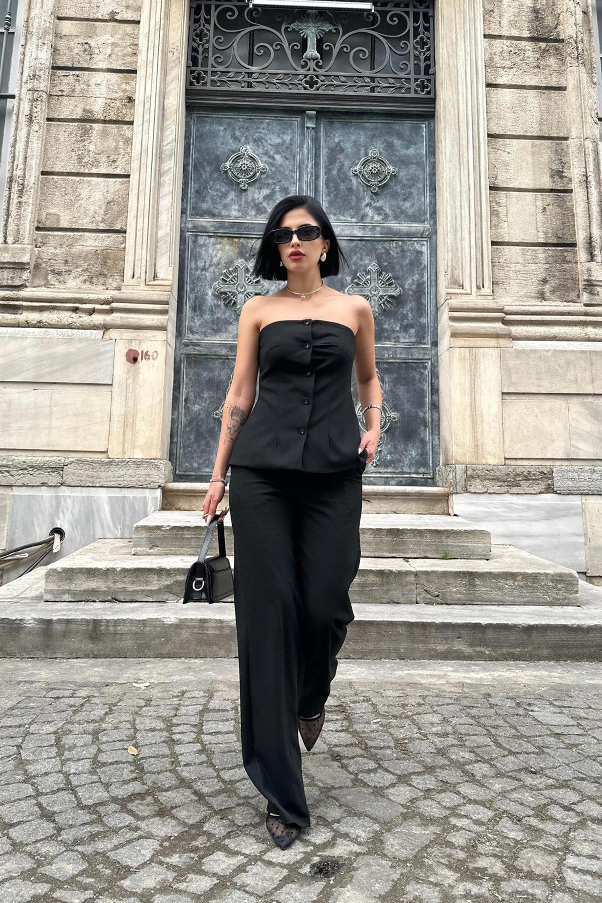 Toptan Siyah Straplez Düğmeli Crop ve Pantolon Takım