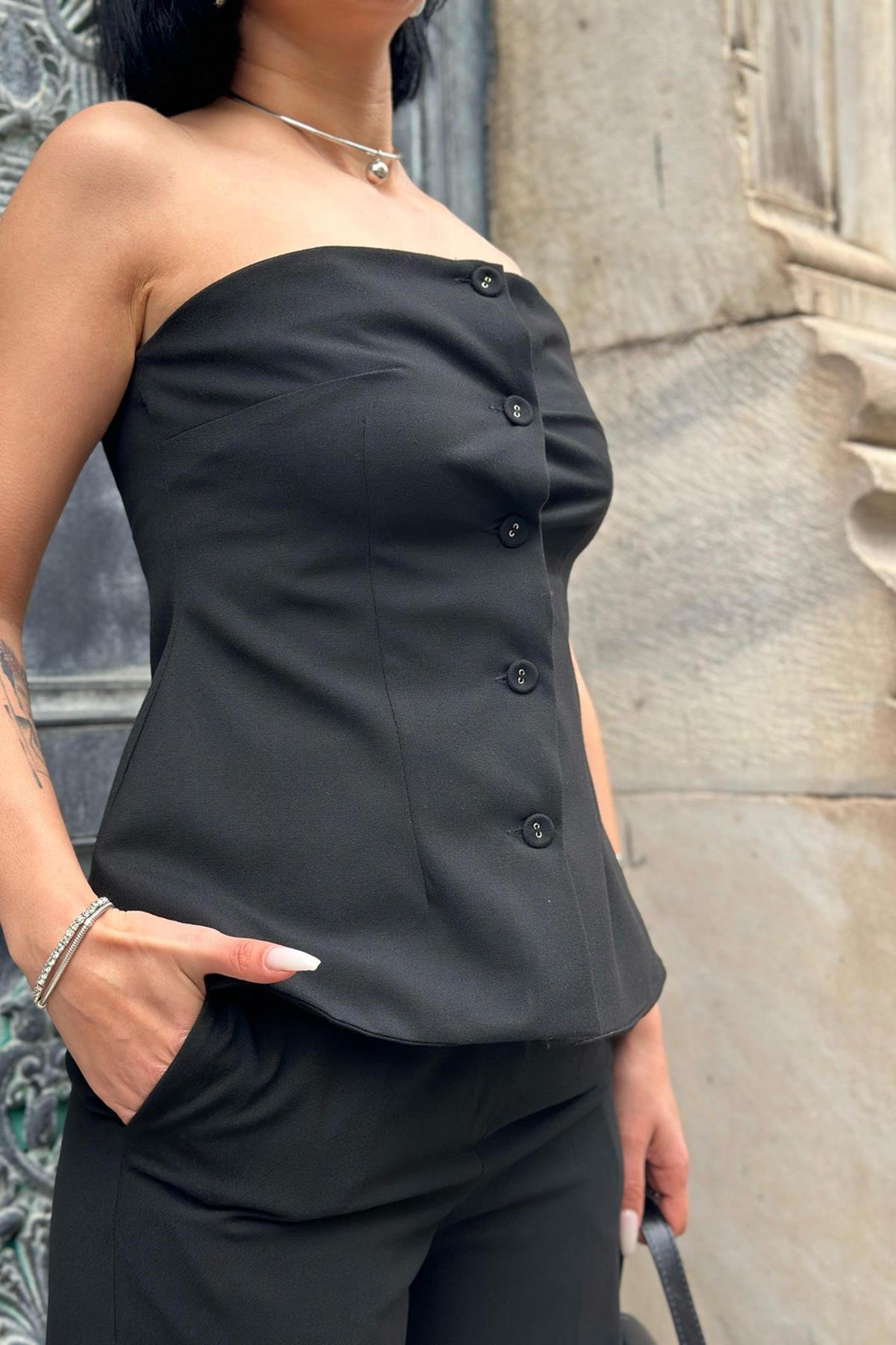 Toptan Siyah Straplez Düğmeli Crop ve Pantolon Takım