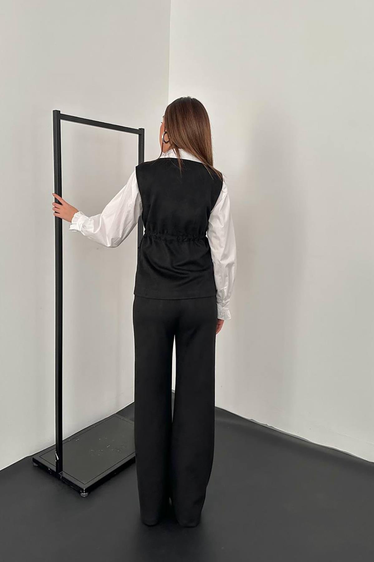 Toptan Siyah Süet Yelek Pantolon Takım