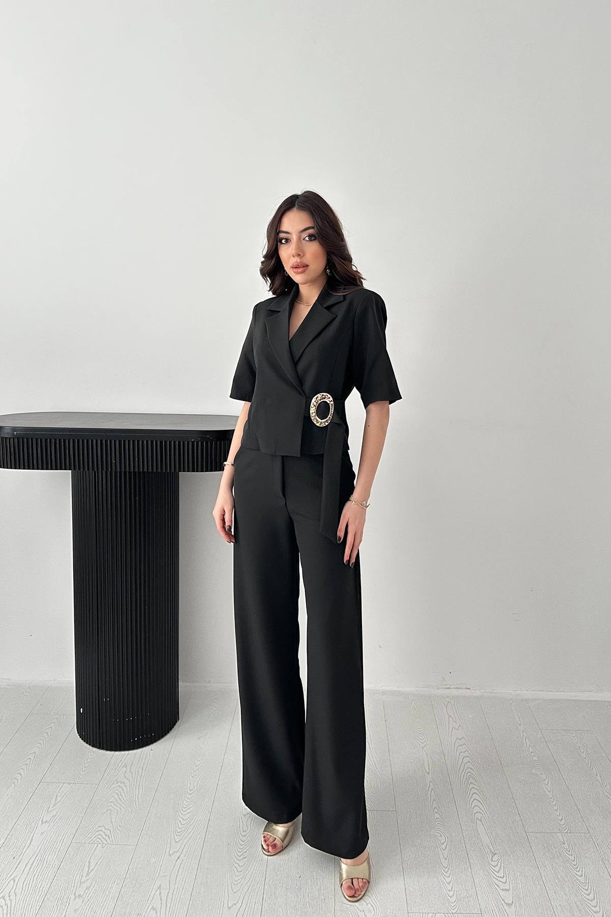 Wholesale Black Single Buckle Jacket and Trousers Set