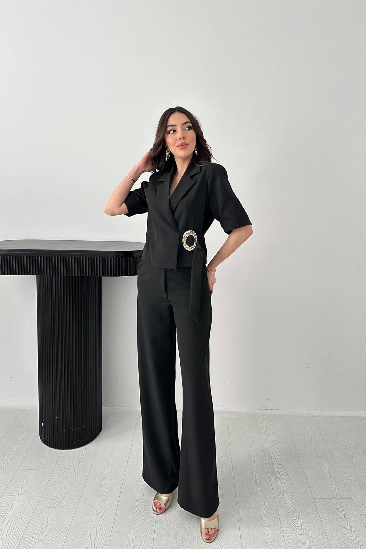 Wholesale Black Single Buckle Jacket and Trousers Set