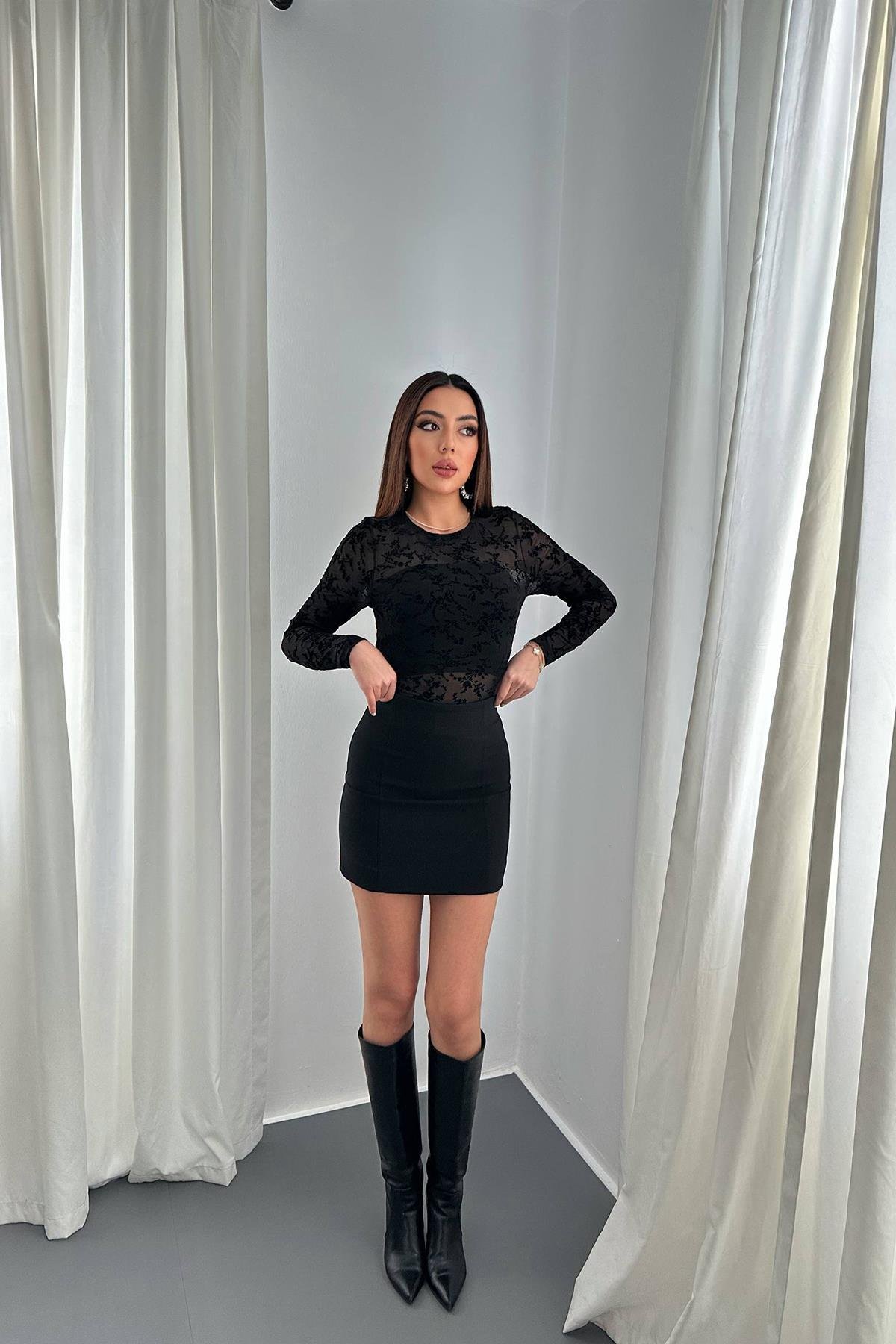 Toptan Siyah Transparan Bluz