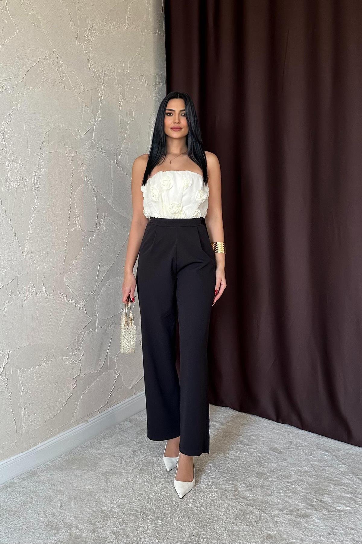 Toptan Siyah Tüllü Gül Detaylı Tulum